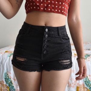 Ripped high waisted black denim shorts
